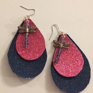 Denim Teardrop Earrings with Dragonfly Charm (N)